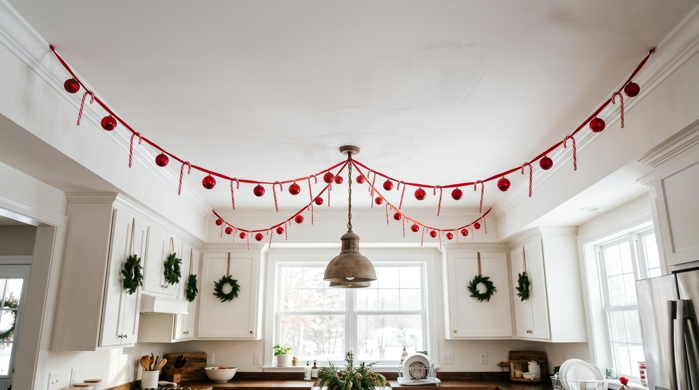Garland of striped candy canes and red baubles swagged across a white kitchen