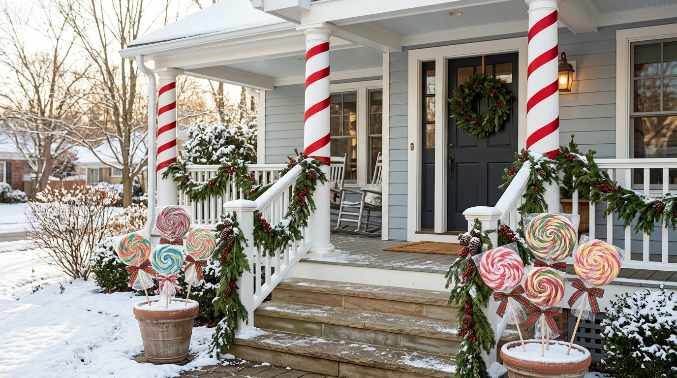 Porch columns wrapped in red ribbon spirals to look like candy canes