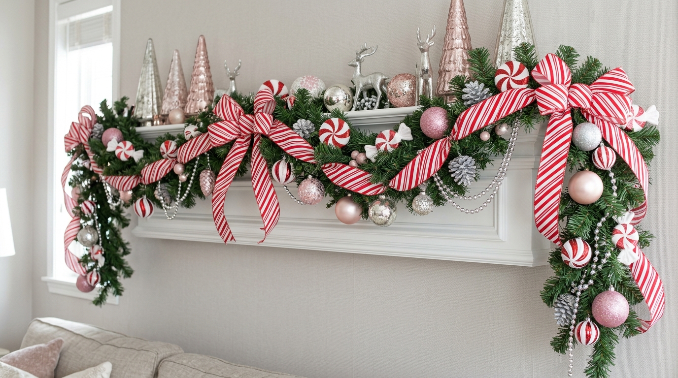 Mariah Carey Christmas decor candy cane striped garland with pink and silver ornaments on a white shelf
