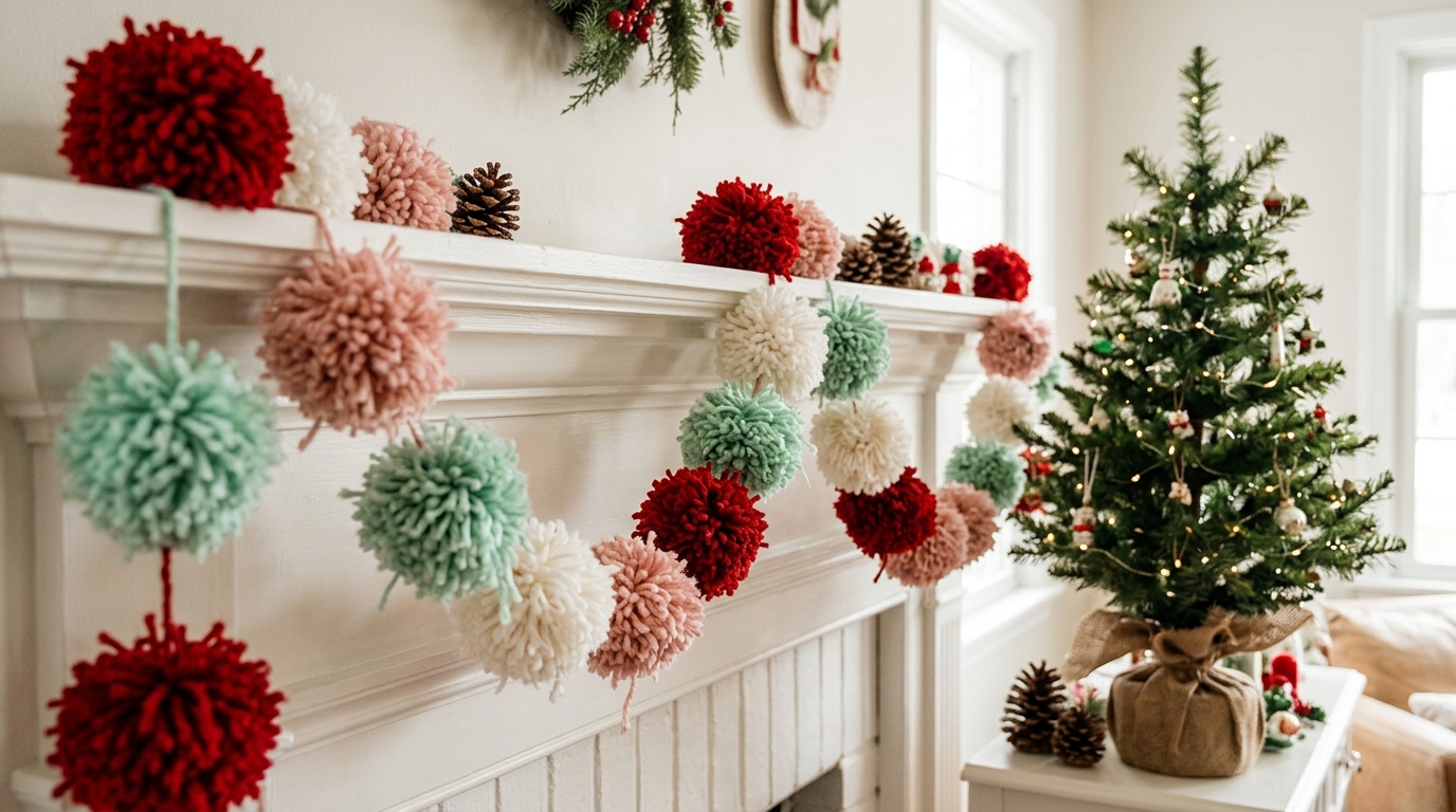 Fluffy yarn pom pom garland in red, pink and mint hanging from a white mantel