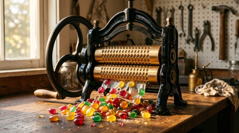 Candy machine restoration: a restored black cast iron drop roller with gleaming bronze rollers and a pile of jewel colored drop candies