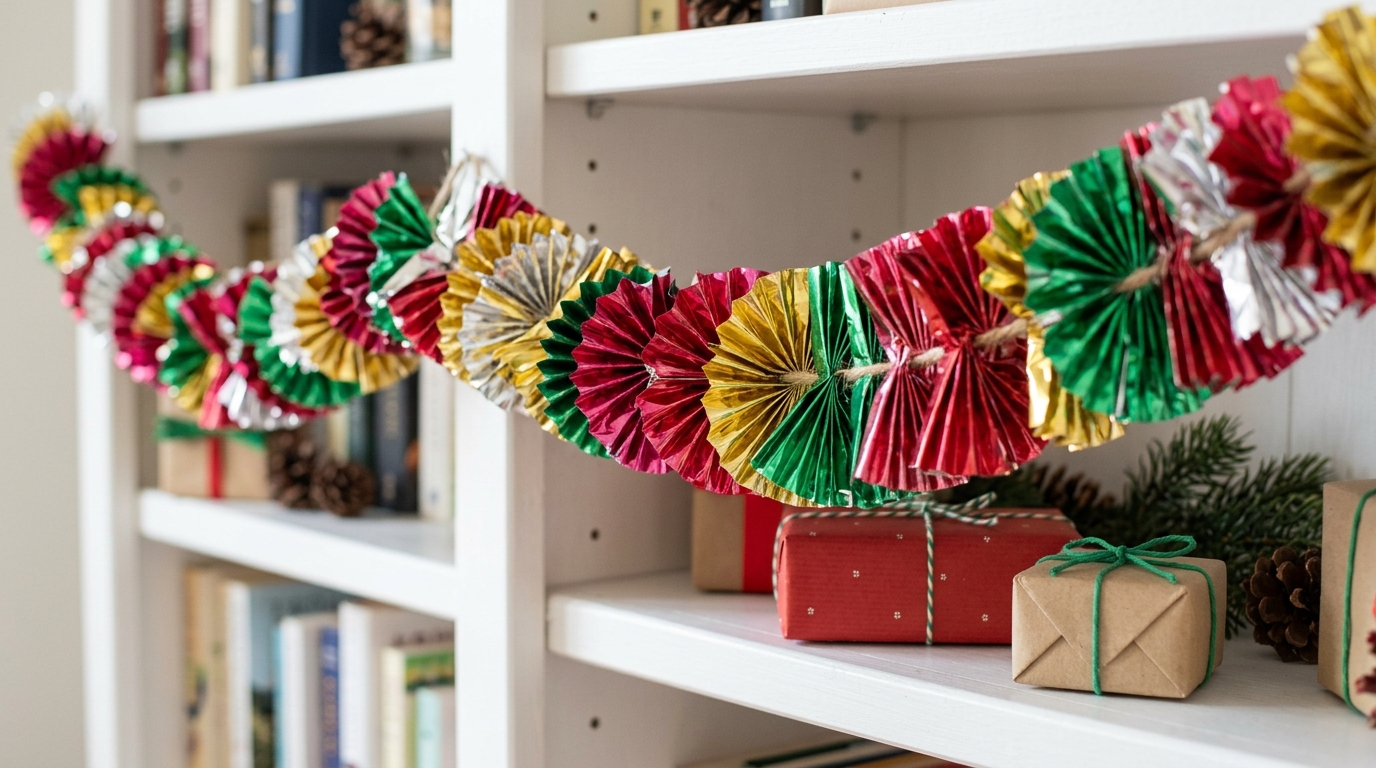 Shiny garland of folded red, gold and green wrappers draped on a white bookshelf