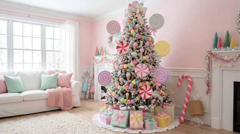 Candyland Christmas decorations: a tree with giant lollipops, peppermints and gumdrop garlands in a pastel living room