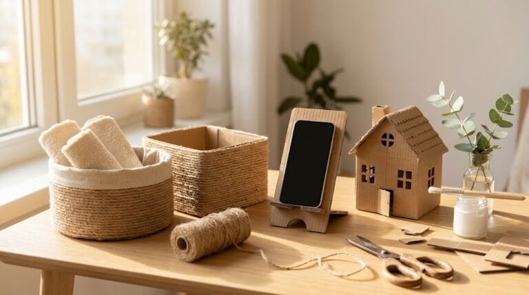 Cardboard box crafts: rope-wrapped cardboard baskets, a phone stand and a mini cardboard house on a sunny craft table