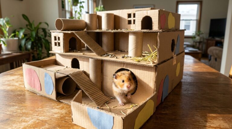 Cardboard hamster playgrounds: a golden hamster peeking out of a multi-level cardboard maze made from boxes and tubes