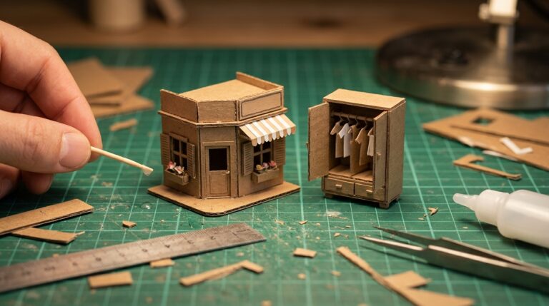 Cardboard miniatures: tiny cardboard storefront and miniature wardrobe on a craft mat with a hand holding glue
