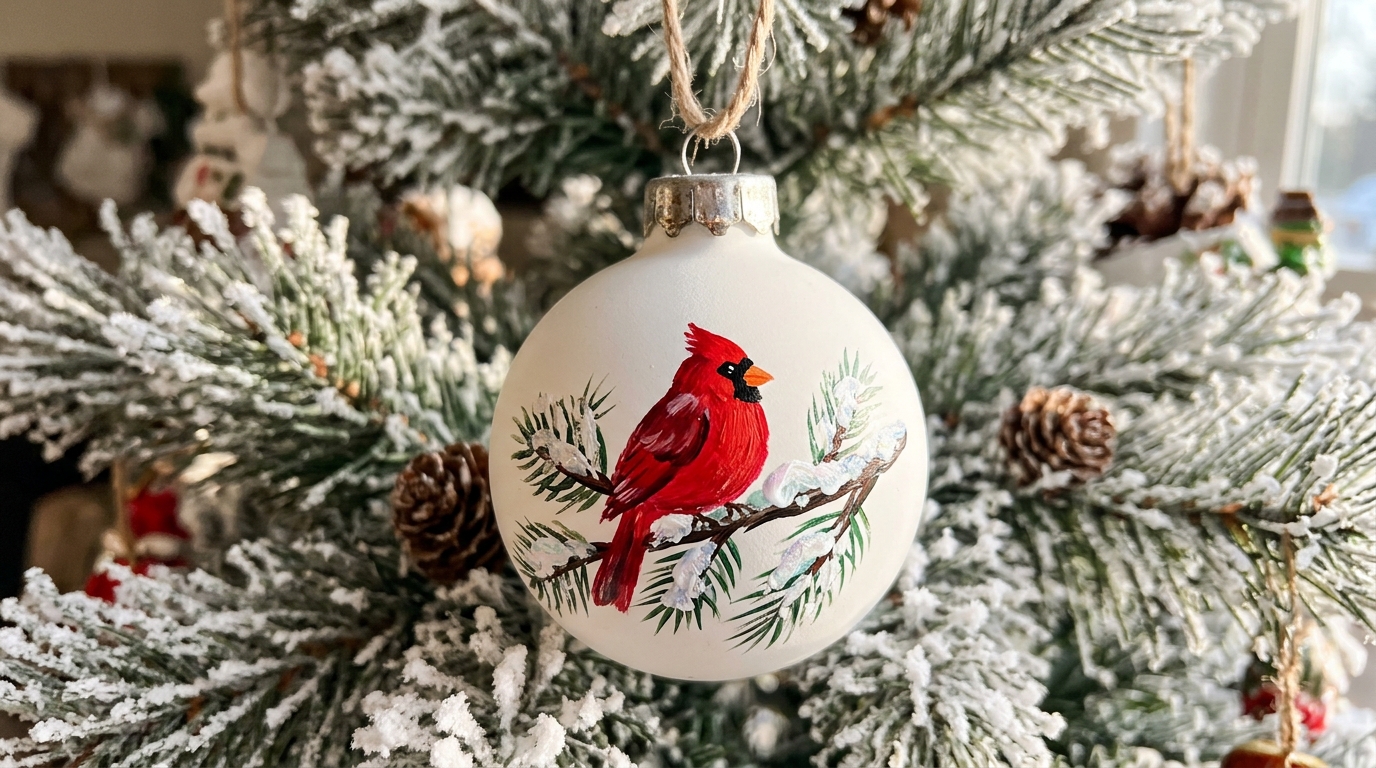 Hand painted ornaments with a red cardinal on a snowy branch