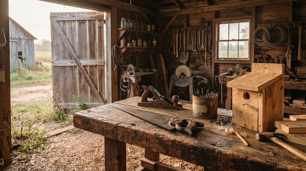 Vintage farm workshop with a hand saw, plane and a half built birdhouse