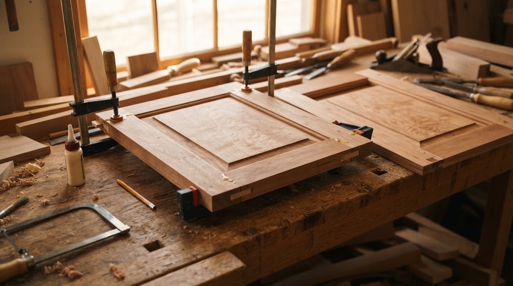 Frame and panel cabinet doors like the ones Jimmy Carter built, clamped on a workbench