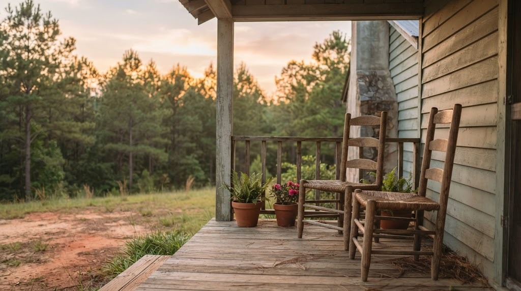 Two handmade wooden ladder back chairs on a country porch at sunset
