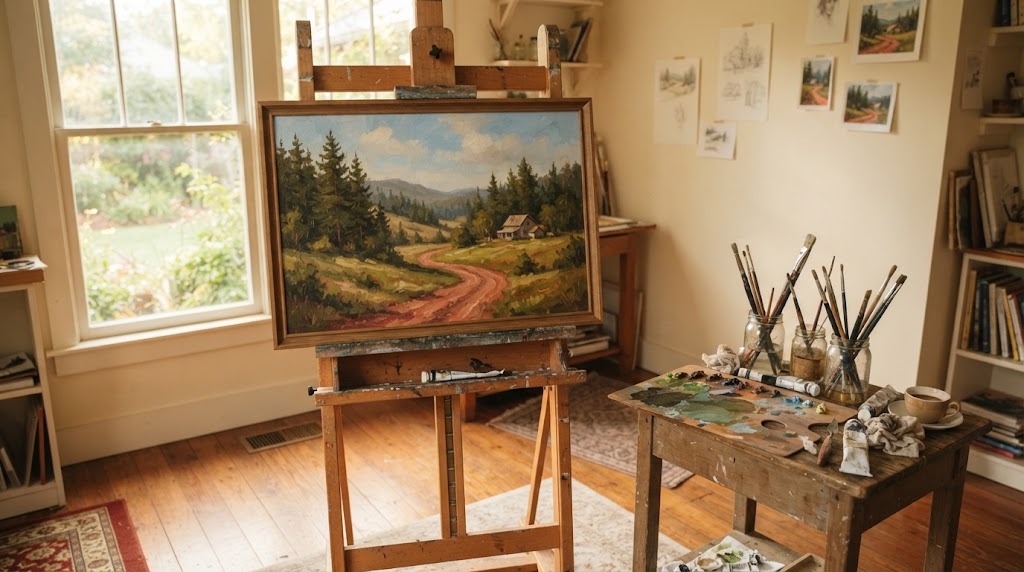 Oil painting of a Georgia country landscape on a wooden easel