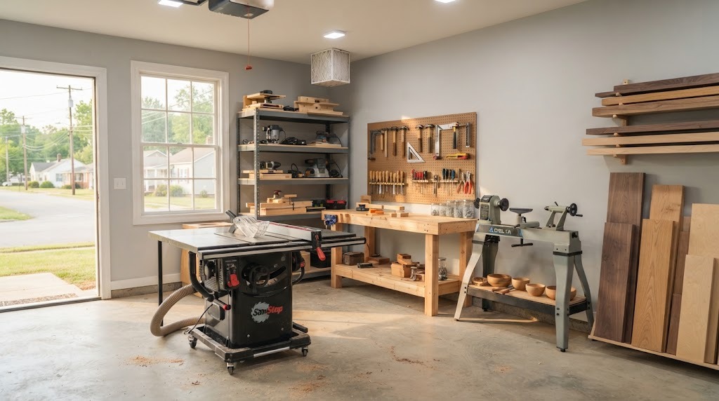 Tidy small home woodshop with a workbench, lathe and stacked hardwood