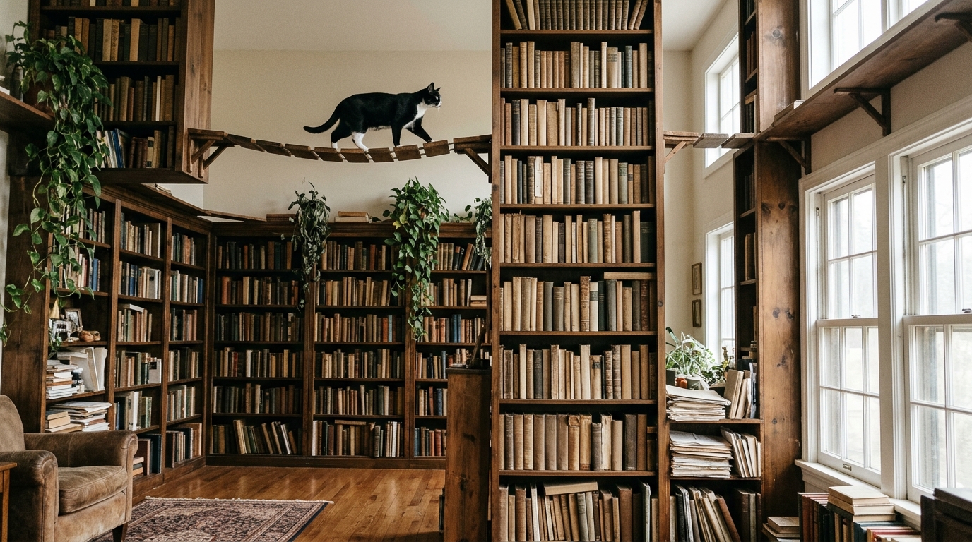 DIY cat walkways linking tall bookshelves in a cozy home library
