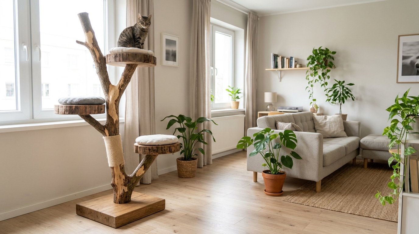 Tabby sitting on top of a handmade branch climbing tree with round platforms