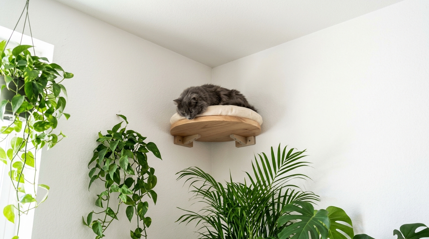 Fluffy gray kitty napping on a round corner platform near the ceiling