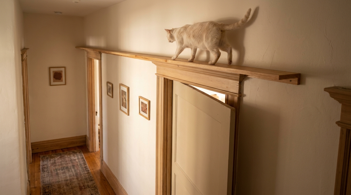 DIY cat walkways shelf running over an interior doorway