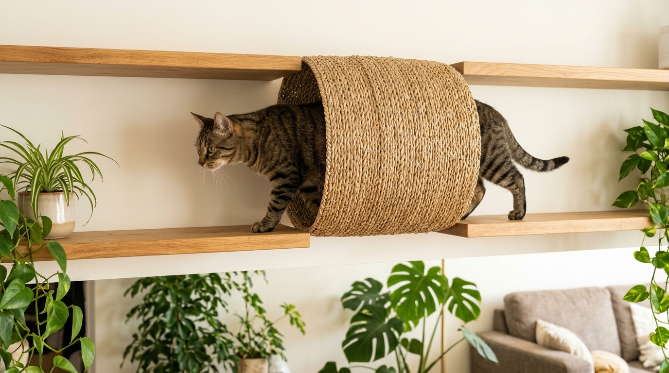 DIY cat walkways with a woven planter tunnel between wall shelves