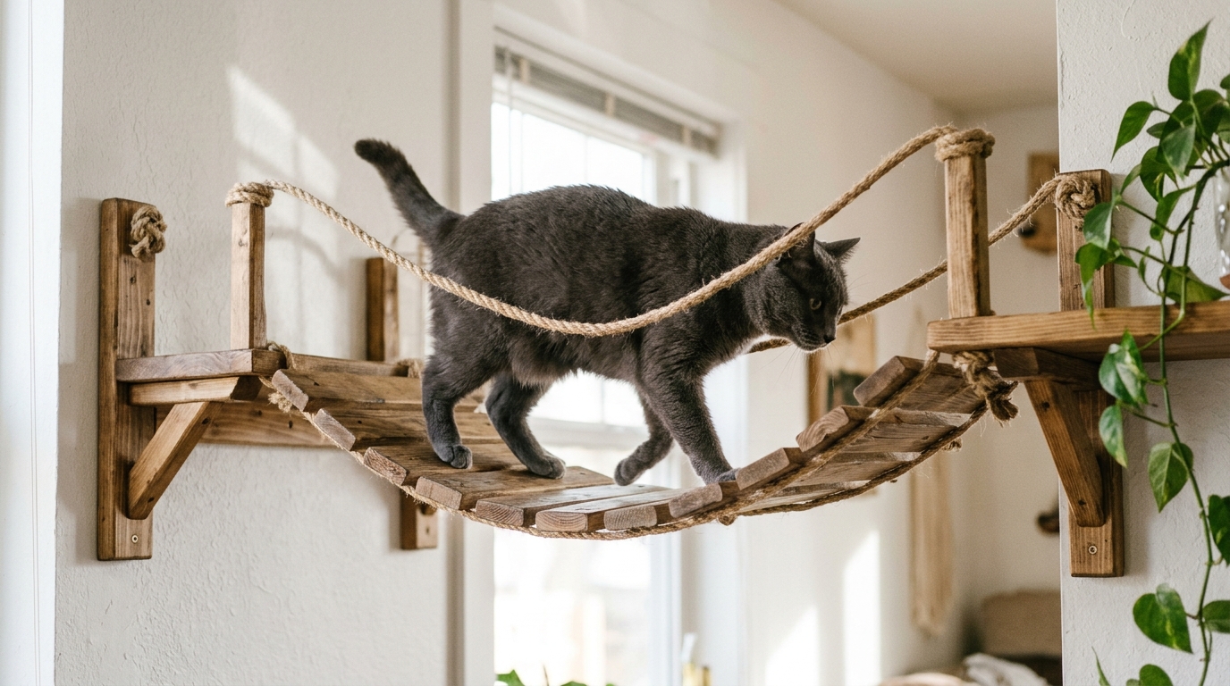 DIY cat walkways rope suspension bridge between two wall shelves