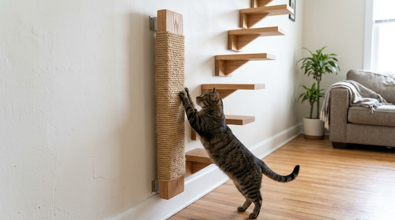 Tabby stretching up a sisal rope scratching post fixed to the wall
