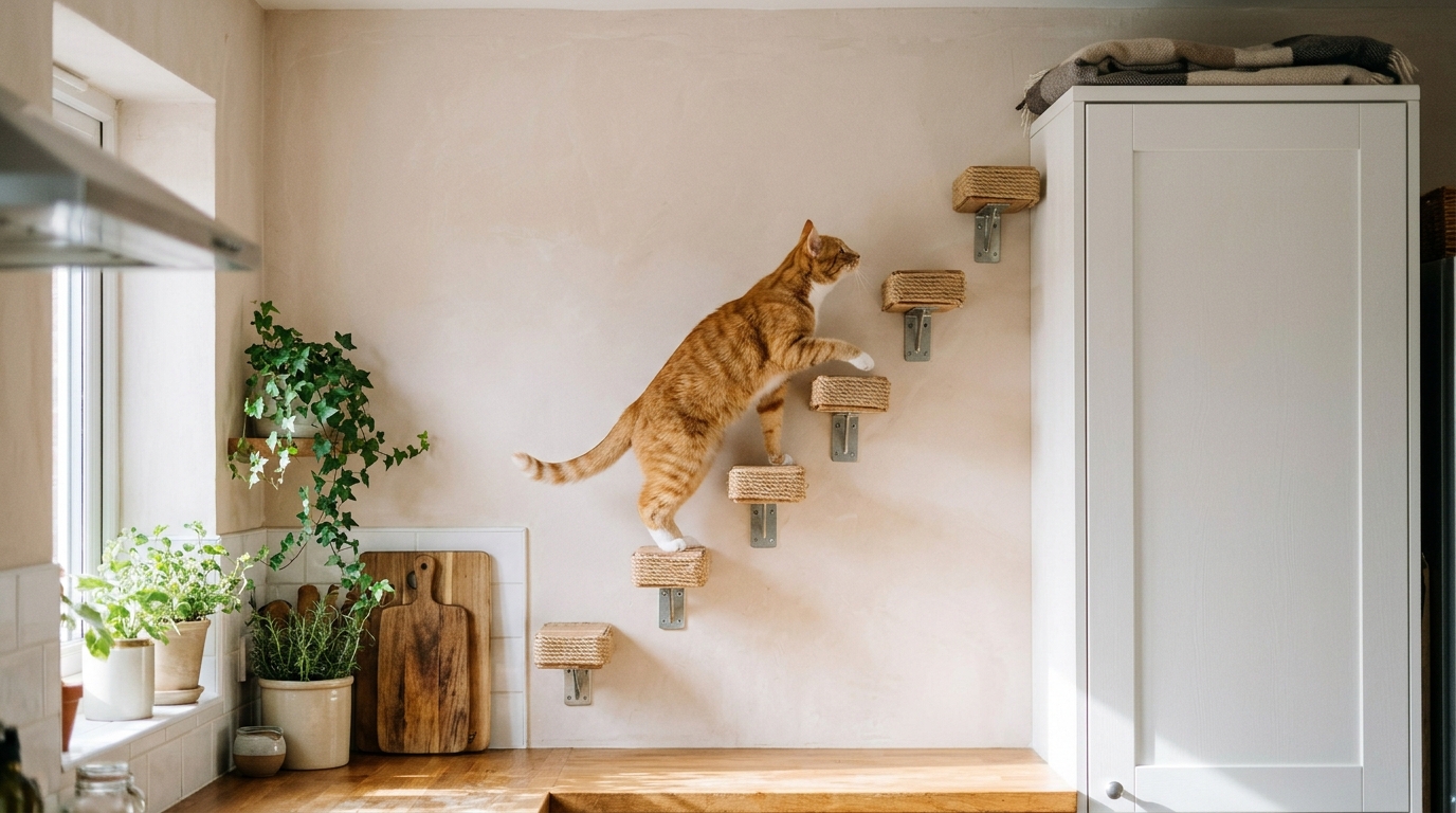 DIY cat walkways sisal steps leading up to the top of a tall cabinet