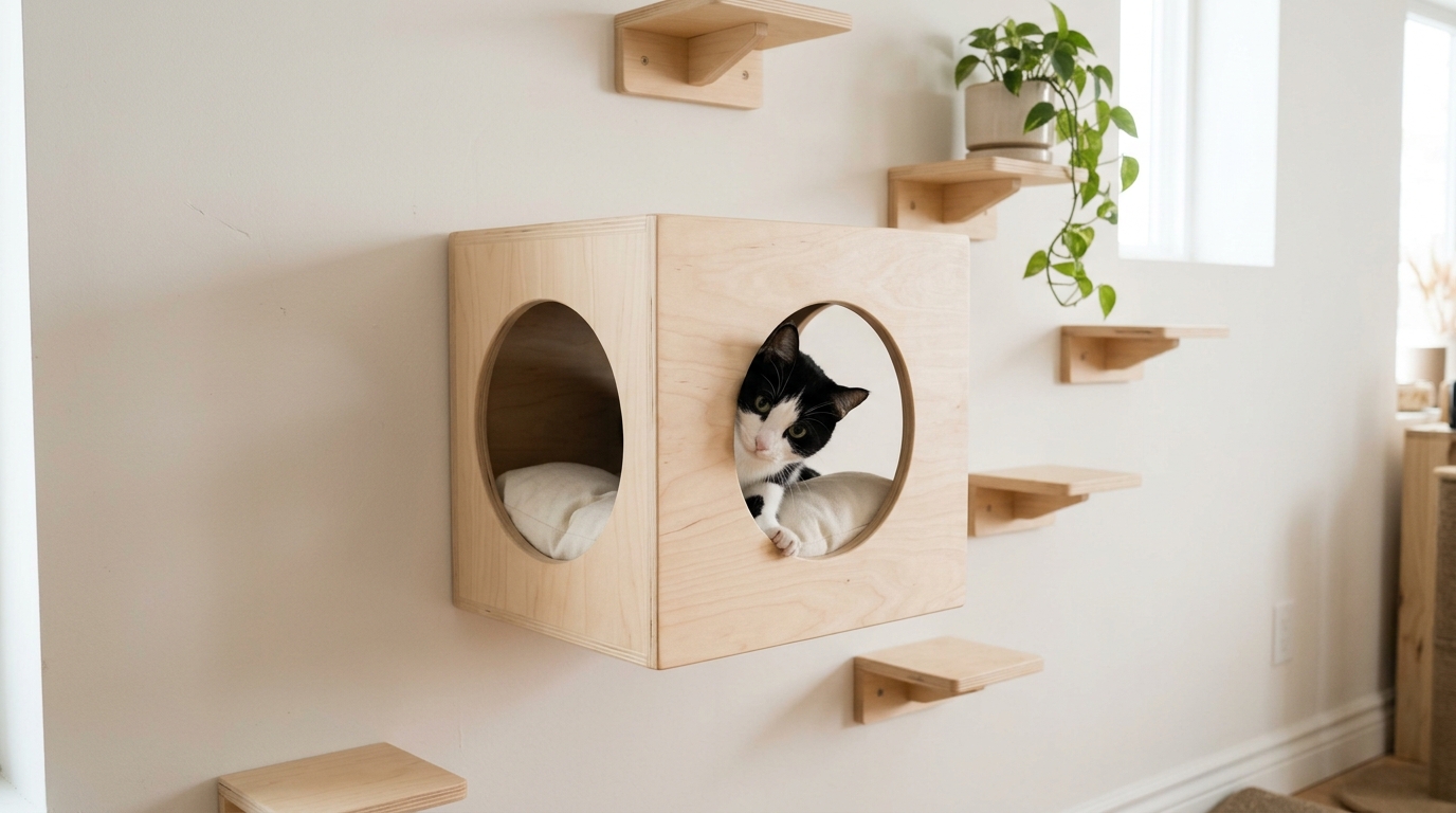 Tuxedo kitty peeking out of a wall mounted wooden cube hideaway