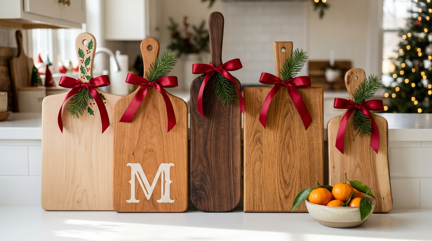 Cutting board Christmas gifts with holly handles, a monogram and red ribbons on a kitchen counter