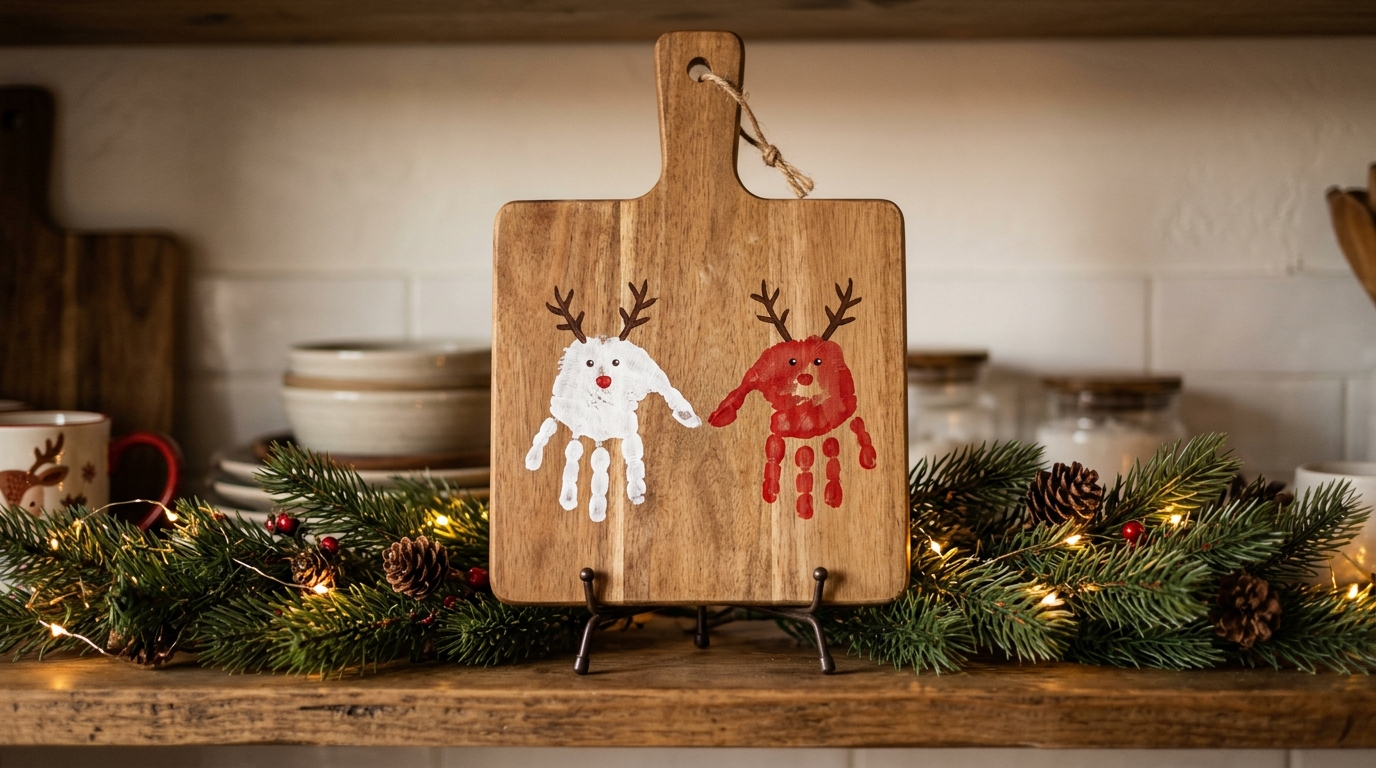 Board back painted with child handprint reindeer for grandparents