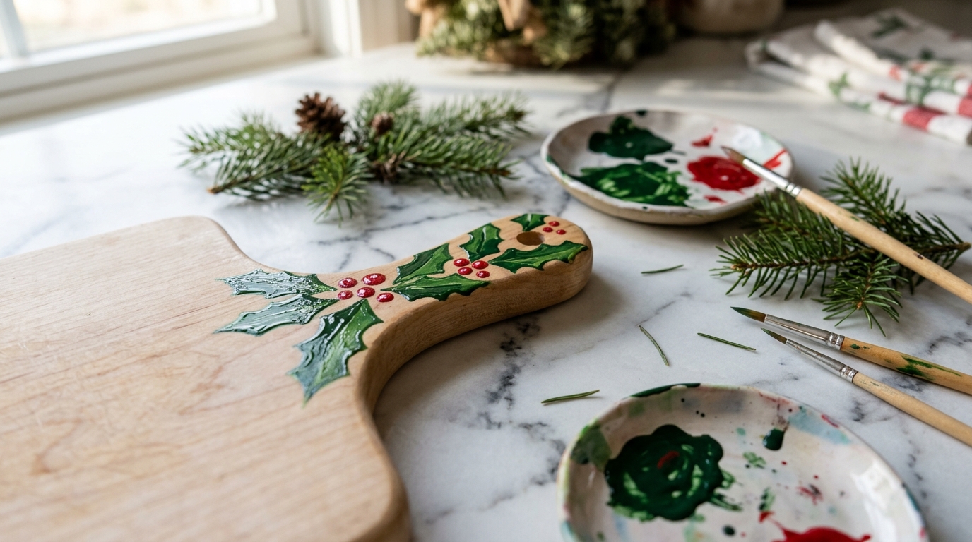 Hand painted holly handle on a maple board with small paint brushes