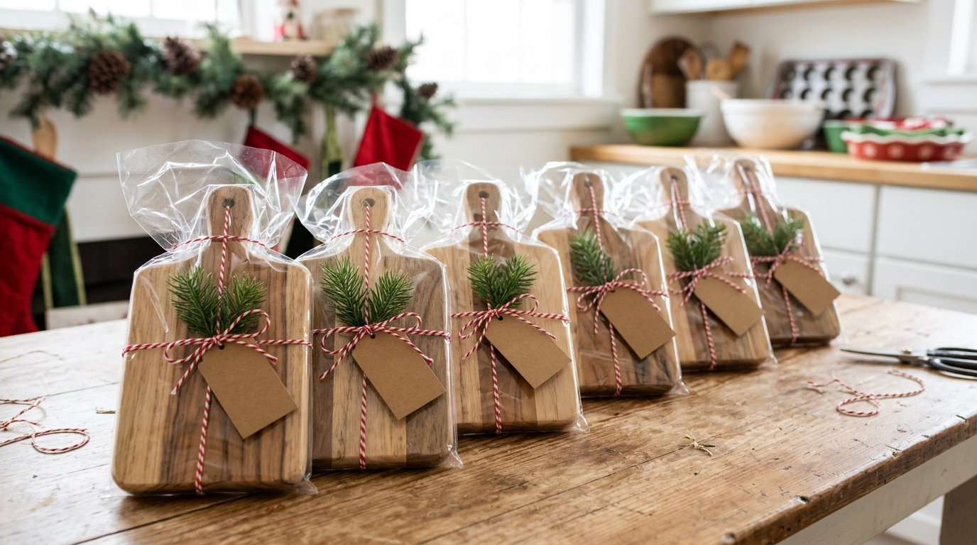 Cutting board Christmas gifts for neighbors: mini boards wrapped in cellophane