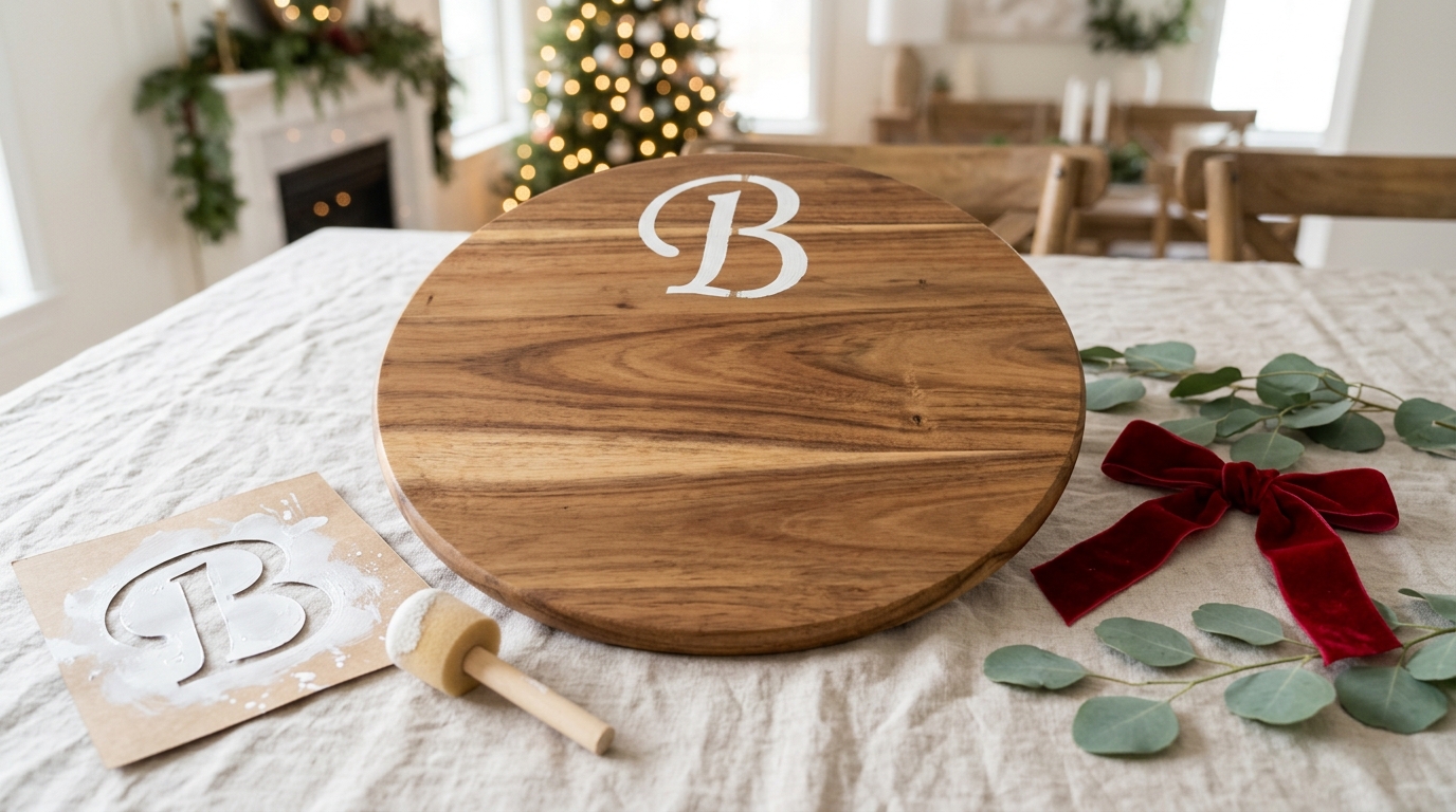 Round wood serving board with a white stenciled monogram letter