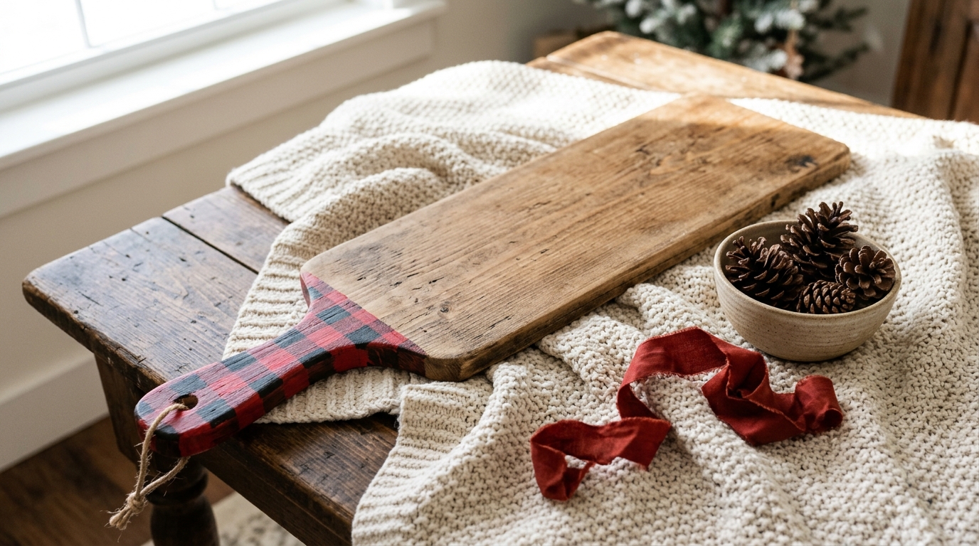 Cutting board Christmas gifts with a buffalo plaid painted handle