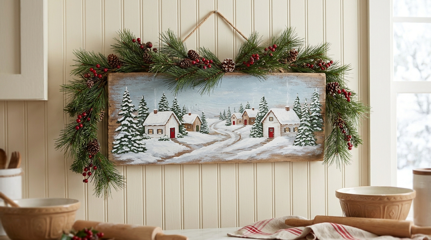 Cutting board Christmas gifts as wall decor with a painted snowy village