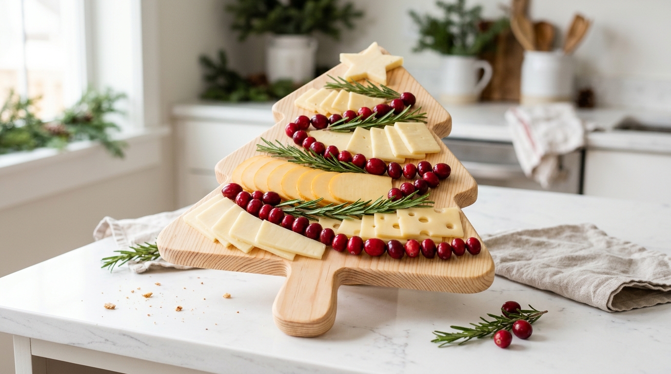 Tree shaped wooden board topped with cheese and cranberries