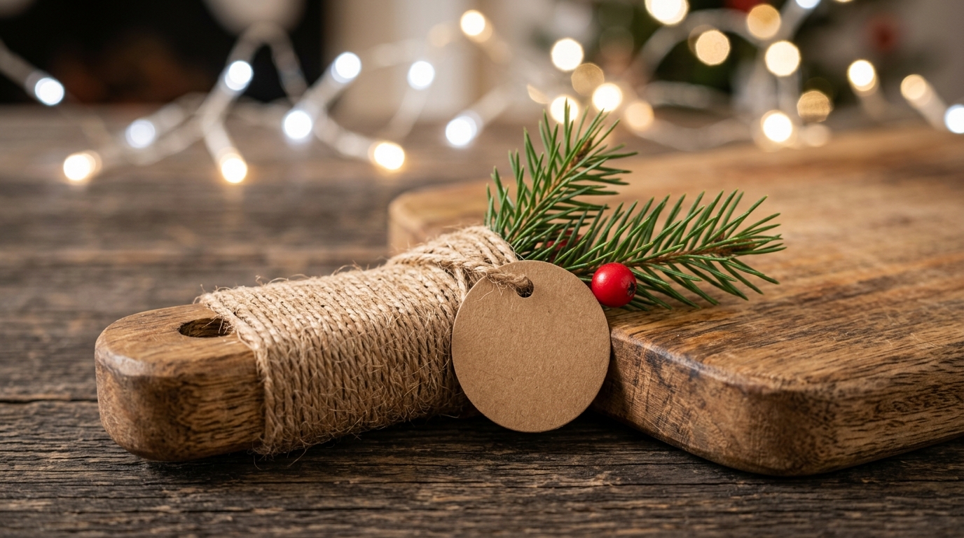 Twine wrapped board handle with a kraft tag and a pine sprig