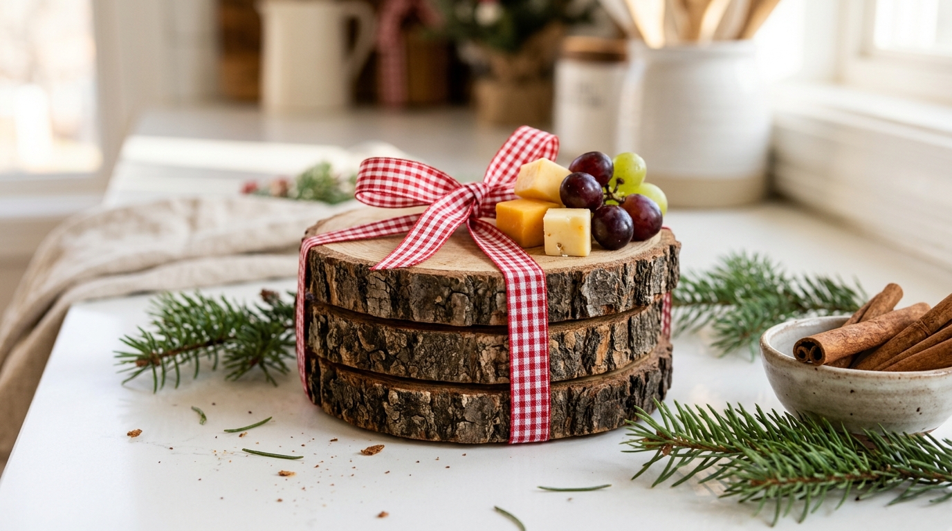 Stacked wood slice mini boards tied with gingham ribbon