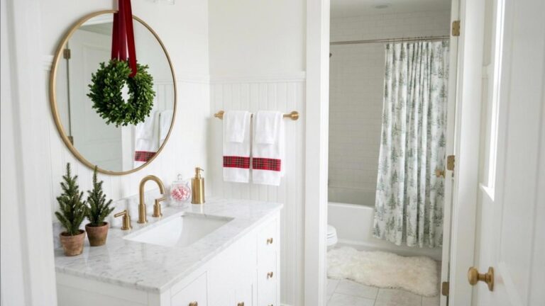Christmas bathroom decor with a small boxwood wreath hung on a round mirror with red velvet ribbon