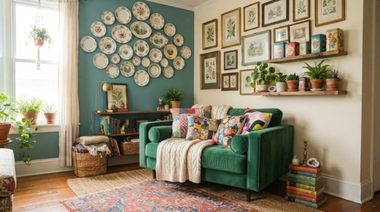 Cluttercore decor in a living room corner with a plate wall, thrifted frames, vintage tins, plants and patchwork pillows