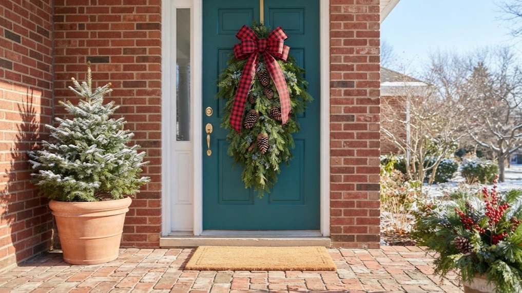Cedar and pine door swag tied with a big red and black plaid bow on a front door