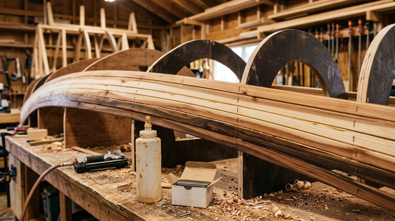 Cedar strips glued and stapled onto wooden canoe forms