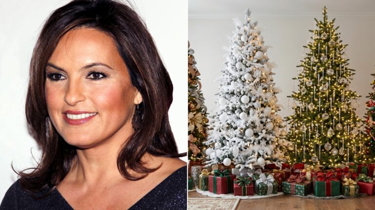 Celebrity christmas trees cover with a photo of Mariska Hargitay on the left and an AI image of four decorated Christmas trees on the right