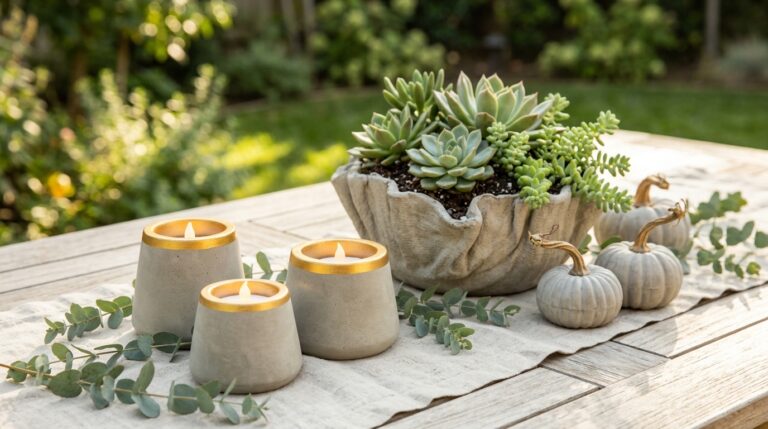 Cement crafts: gold rim cement candle holders with LED lights on a patio table