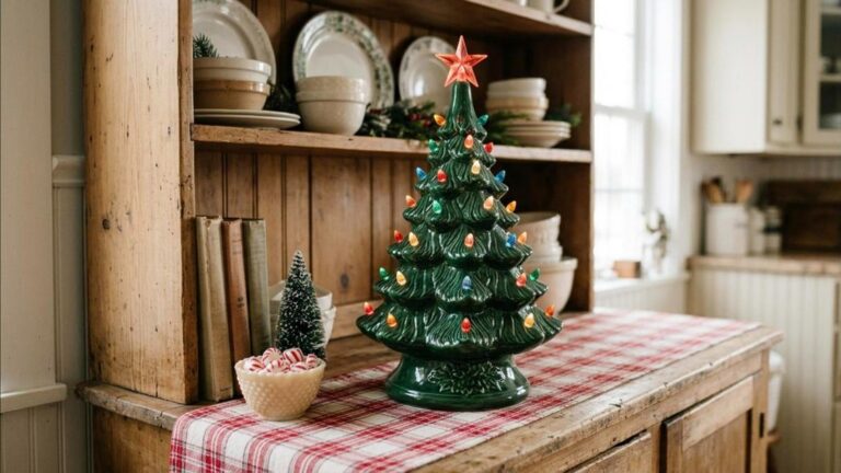 Vintage green ceramic Christmas tree with multicolor plastic bulbs on a wooden kitchen hutch