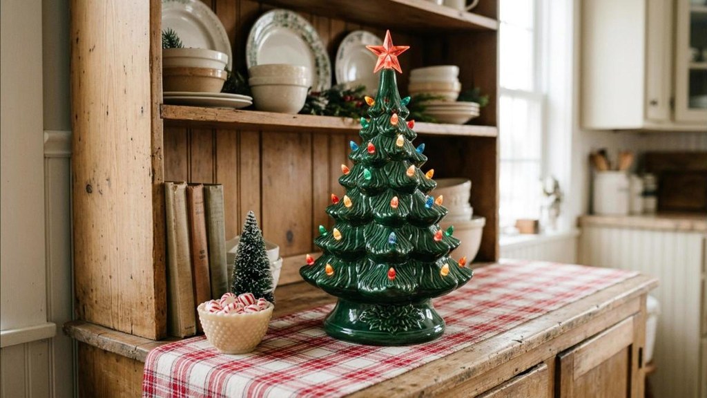 Vintage green ceramic Christmas tree with multicolor plastic bulbs on a wooden kitchen hutch
