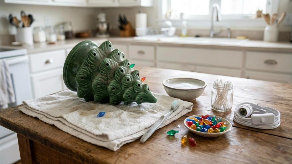 Secondhand green ceramic tree being cleaned with cotton swabs and a soft brush on a kitchen table