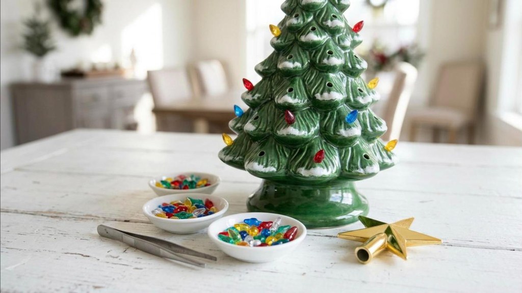 Small bowls of colorful plastic replacement bulbs and a gold star topper next to a ceramic tree