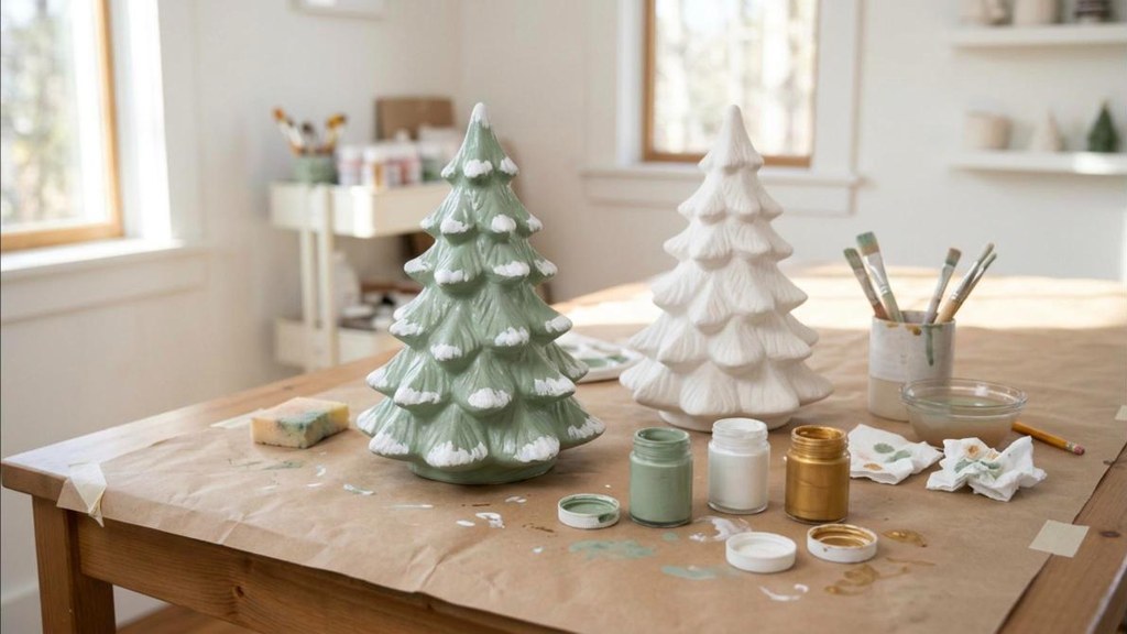 Ceramic Christmas tree painted sage green with white snowy tips beside paint brushes