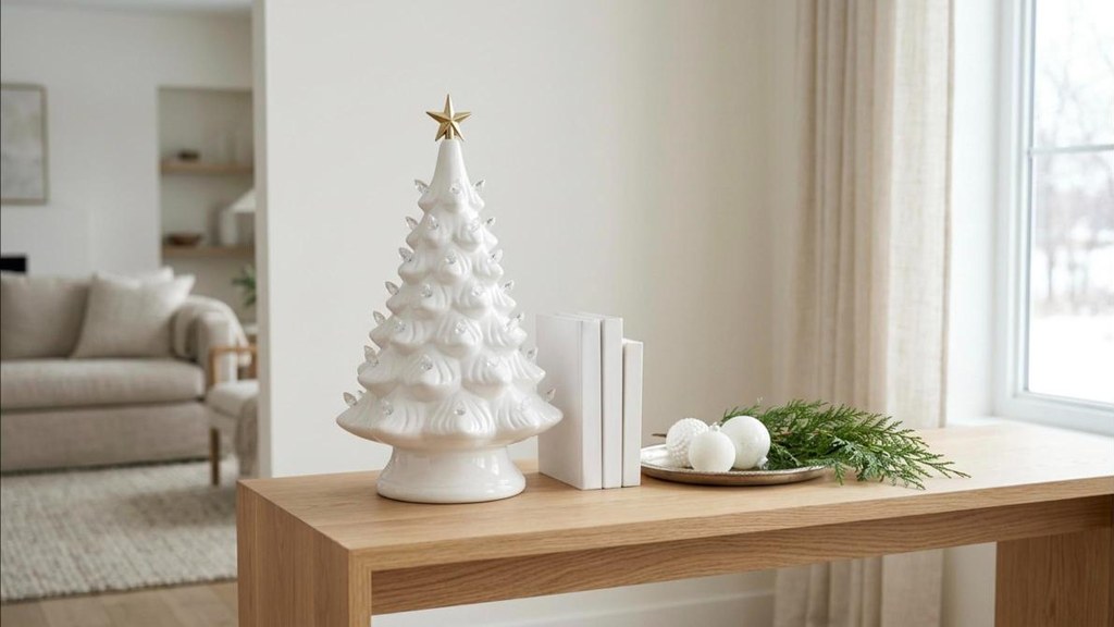 All white ceramic Christmas tree with clear bulbs and gold star on a modern console table