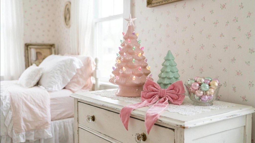 Pink ceramic tree with pastel bulbs and a pink velvet bow on a white dresser