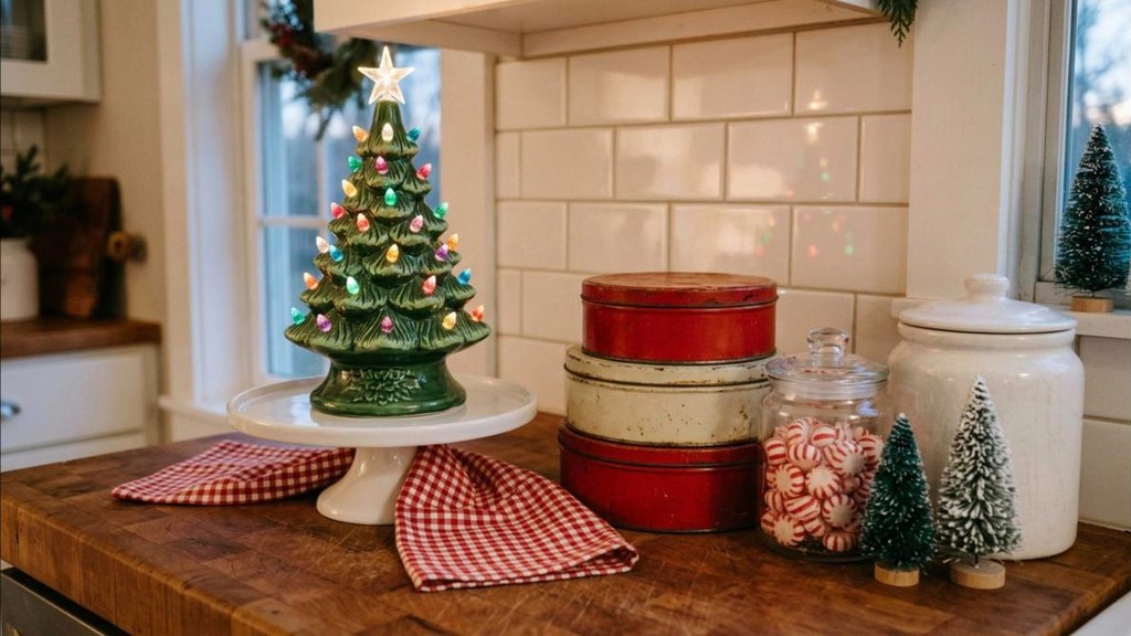 Ceramic Christmas tree on a cake stand with vintage cookie tins and a jar of peppermints on a kitchen counter
