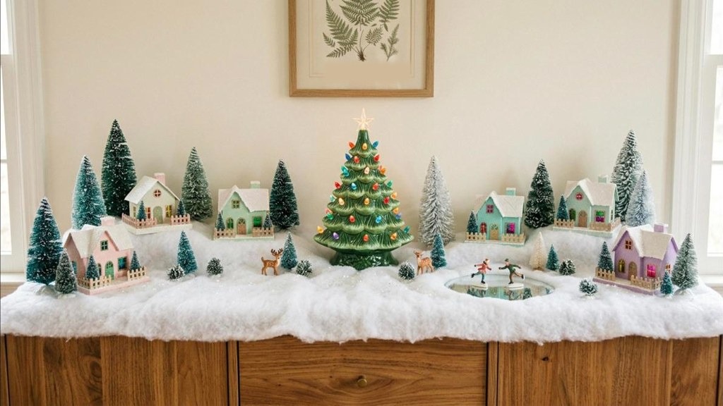 Glowing ceramic tree in the center of a snowy village of glitter houses and bottle brush trees